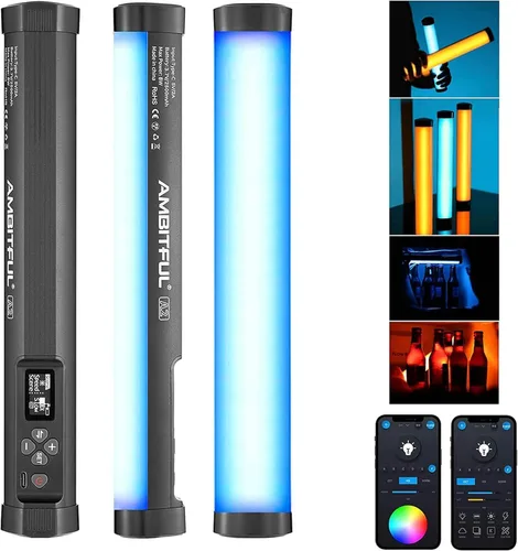AMBITFUL Varita de luz LED RGB A2 - Barra de luz magnética de video a todo color, luz de tubo de mano con 29 efectos, 2500-8500K, 2500mAh, CRI 95+