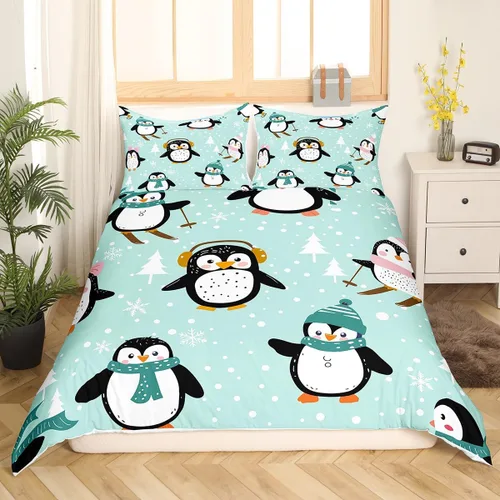Miniatura 23 de Juego de ropa de cama de 3 piezas con diseño de muñeco de nieve, funda de edredón con temática de invierno, funda de edredón con temática de Feliz