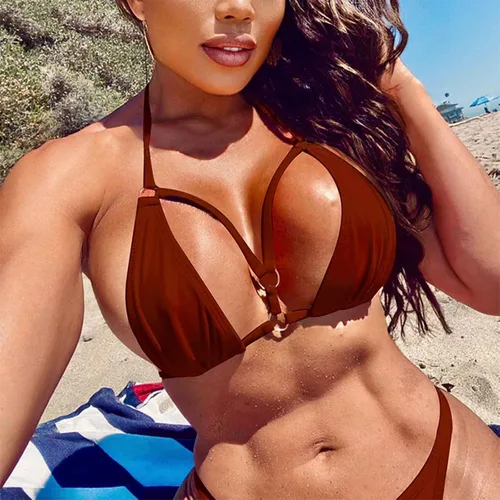 Miniatura 2 de Womens Halter Swimsuit Drawstring Ruched Printing High Waist Bikini Two Piece Beachwear with Boyshorts