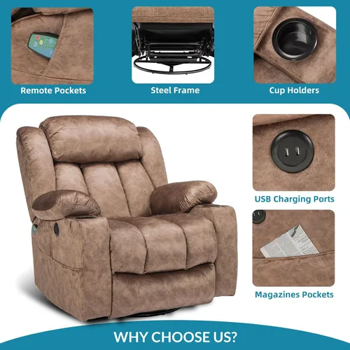 Miniatura 7 de Silla reclinable manual giratoria de 360 grados con masaje y calor, puertos USB, bolsillos laterales y portavasos, tela de terciopelo (marrón)