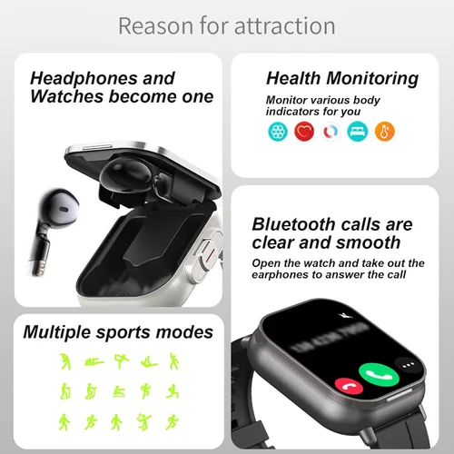 Miniatura 2 de Reloj inteligente con auriculares, pantalla HD de 2.01 pulgadas, reloj inteligente 2 en 1 con más de 100 modos deportivos rastreador de fitness