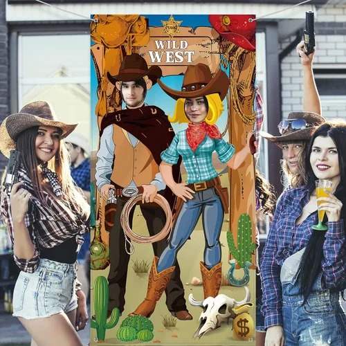 Miniatura 6 de Blulu Decoraciones de fiesta de fondo de vaquero occidental de 6 x 3 pies, decoración para cabina de fotos de rodeo del salvaje oeste, fondo