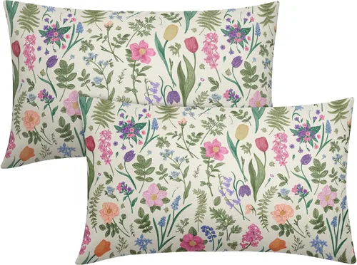Miniatura 15 de Juego de 2 fundas de almohada de primavera de 16 x 16 pulgadas, diseño de conejo, flores rosas, hojas verdes salvia, plantas botánicas vintage