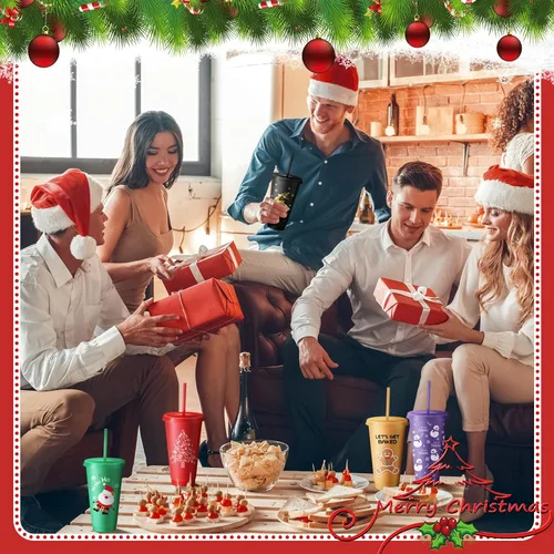 Miniatura 4 de Umigy 24 piezas de tazas de Navidad, tazas de plástico para fiesta de Navidad, 24 oz de tazas reutilizables con tapas y popotes en diferentes temas