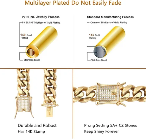 Miniatura 2 de PY BLING Heavy Stainless Steel Miami Cuban Link Bracelet 8mm-16mm 14k Real Gold Plated with Lab Diamond Clasp Premium Hip Hop Jewelry For Men Women