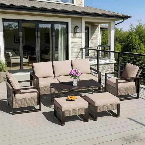 Miniatura 15 de Sofá de Mimbre Metálico para Patio de 75", Sofá Sillón de Ratán para Exteriores de 3 Asientos para Todo Tipo de Clima con Cojines Premium