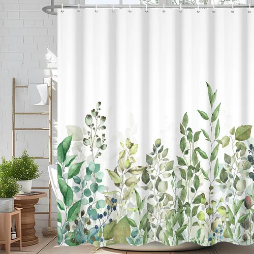 Miniatura 40 de Cortina de ducha de eucalipto verde salvia Velaequezii con plantas de acuarela, hojas botánicas de primavera impresas, cortina de baño impermeable