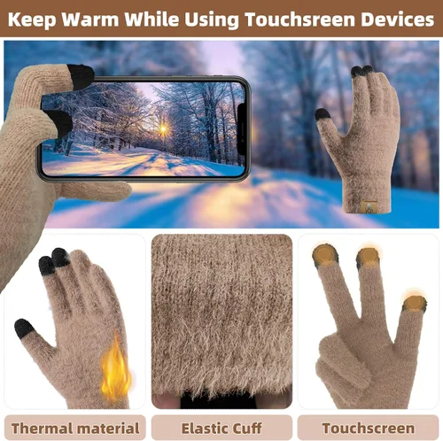 Miniatura 3 de Gorro de punto de invierno para mujer con guantes para pantalla táctil, gorro de pompón, bufandas para el cuello para hombres