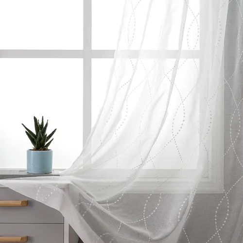 Miniatura 31 de VISIONTEX Cortinas traslúcidas blancas de 63 pulgadas de largo, juego de 2 paneles de bordado marroquí con puntos beige, tela de gasa bordada