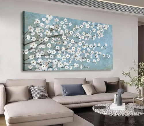 Miniatura 10 de Shoci Arte de pared de árbol de flores, lienzo grande de ramas florales blancas y marrones para sala de estar, pintura rústica, verde azulado