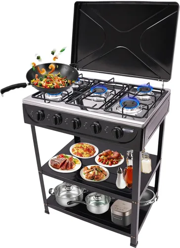Estufa de Gas de 5 Quemadores, Estufa de Gas Natural Portátil para Acampar al Aire Libre Estufa de BBQ Cocina de Gas con Estante de Almacenamiento