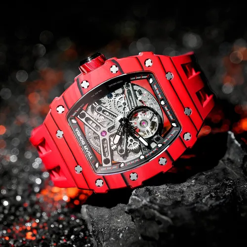 Miniatura 2 de Reloj para hombre, reloj mecánico automático de esqueleto para hombre, 164.0 ft, impermeable, de lujo, Tonneau, cuadrado, esfera grande, con correa