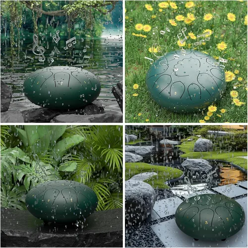 Miniatura 6 de Tambor de lluvia para jardín exterior, tambor de lengua de acero de 8 pulgadas, 11 notas, campanilla de lluvia de meditación impermeable, Verde