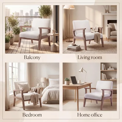 Miniatura 4 de Juego de 2 sillas decorativas beige, sillas modernas de mediados de siglo para sala de estar, dormitorio, sillón con marco de madera, silla auxiliar