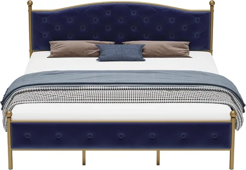 Miniatura 5 de Base de cama tapizada de tamaño matrimonial con botones y tela de terciopelo, base de colchón resistente con marco de metal y listones de madera