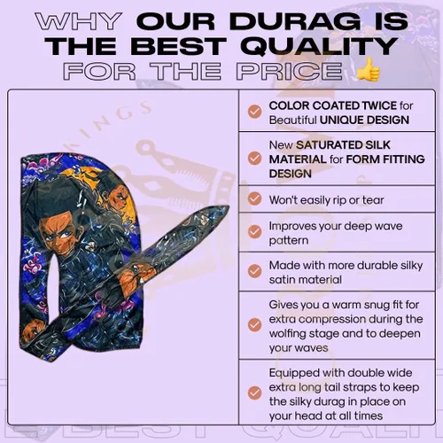 Miniatura 2 de Art Silky Durag con colas largas y anchas, durags de tela de seda suave satinada para mayor comodidad y compresión