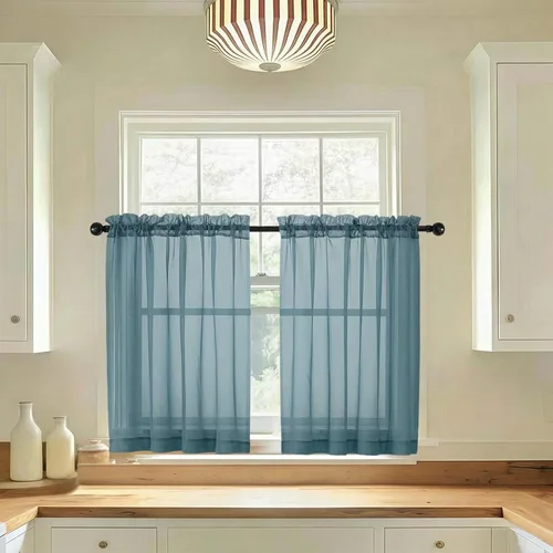 Miniatura 103 de LIVEKID Cortinas traslúcidas negras de cocina de 36 pulgadas de largo, cortinas cortas filtrantes de luz, 2 paneles de gasa aireada, texturizadas