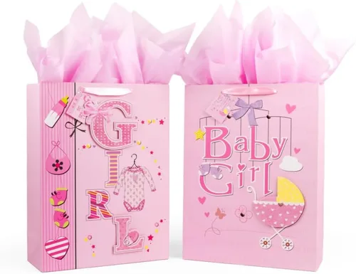 Golden J Store Bolsas de regalo extra grandes de 16.5 pulgadas con papel de seda para baby showers, paquete de 2 (rosa)