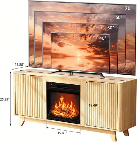 Miniatura 2 de VINGLI - Soporte de TV con chimenea para televisores de hasta 70 pulgadas, centro de entretenimiento acanalado con calefacción eléctrica y estantes