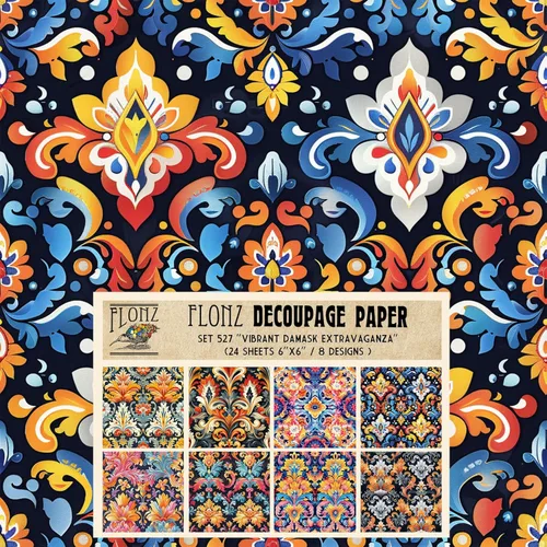 Miniatura 12 de Paquete de papel para decoupage (24 hojas 15x15 cm) Patrones florales monocromáticos FLONZ papel vintage para decoupage, manualidades y álbumes