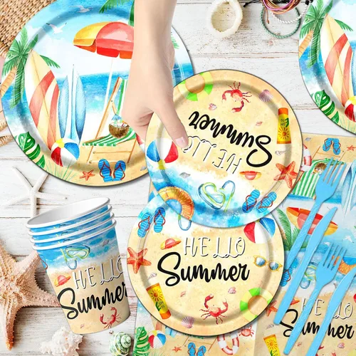 Miniatura 5 de Hola Decoraciones de Fiesta de Verano - Juego de 142 Piezas de Platos y Servilletas de Papel para Fiesta en la Playa y la Piscina, Vajilla Temática