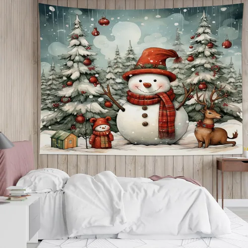 Miniatura 25 de HVEST Tapiz navideño de invierno para colgar en la pared, muñeco de nieve divertido con sombrero azul y tapices de regalo de Navidad, tapiz de pino