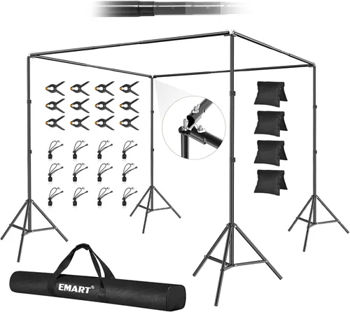EMART Soporte para telón de fondo, 10 x 10 x 7 pies cuadrado grande ajustable, sistema de soporte de fondo con conector giratorio de ángulo de 308°,