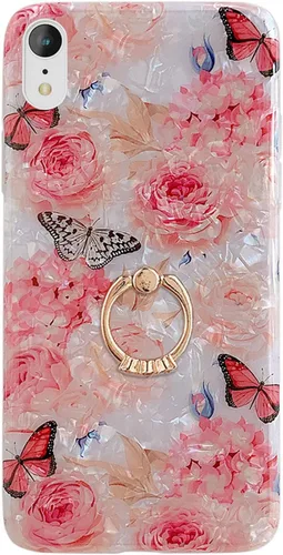 Qokey - Funda compatible para iPhone XR, hermoso diseño de flores, para mujer y niña, con anillo giratorio de 360 grados, TPU suave, a prueba de