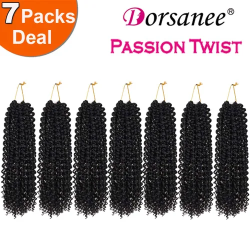 Miniatura 3 de Dorsanee Cabello Negro Passion Twist de 12 Pulgadas, 7 Paquetes, Cabello de Ganchillo de Ondas de Agua, Cabello Largo Bohemio Rizado para Trenzar