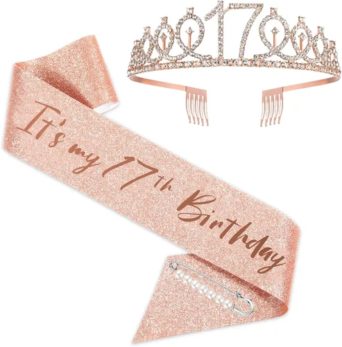 BRT Bearingshui Faja y corona de tiara de oro rosa para cumpleaños número 17, regalo para niñas, suministros de recuerdo de fiesta de cumpleaños