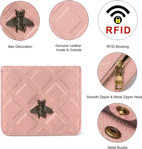 Miniatura 3 de Billetera para mujer, con bloqueo RFID, pequeña, compacta, plegable, de piel auténtica, con bolsillo, mini carteras para mujeres