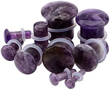 Miniatura 3 de Pierced Owl - Amethyst Natural Stone Single Flare Plugs with Clear O Ring, Sold as a Pair
