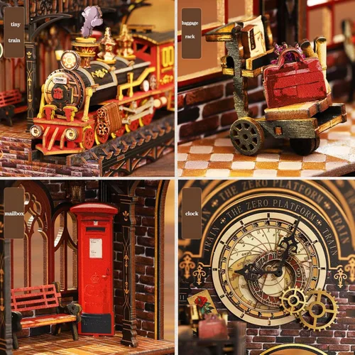 Miniatura 3 de Kit de rincón de libro, rompecabezas de madera 3D, kit de rincón de libros con tren de vapor, kit de habitación en miniatura para bricolaje, soporte