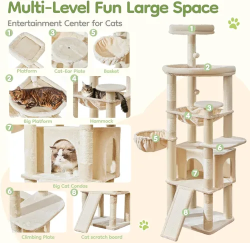 Miniatura 2 de Taoqimiao Árbol para gatos de 72 pulgadas para gatos grandes, torre alta de varios niveles, condominio ampliado para gatos con tabla de rascar