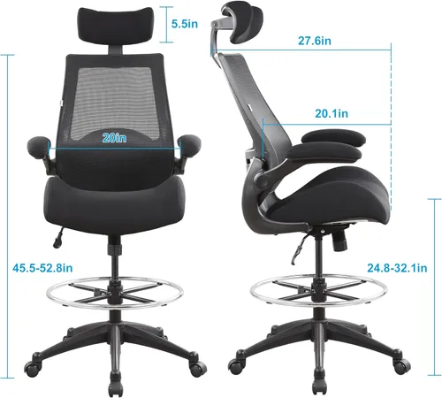 Miniatura 3 de BOLISS Silla de oficina alta de dibujo, 400 libras, respaldo alto, silla de escritorio ancha cómoda con reposabrazos abatibles, soporte lumbar, Negro