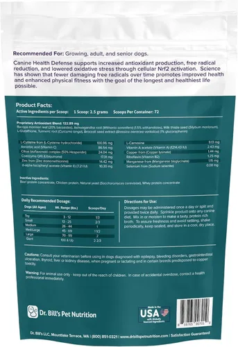 Miniatura 6 de Dr. Bill's Canine Health Defense Suplemento antioxidante para perros con cúrcuma, zinc, ashwagandha, cardo mariano, coenzima Q10 (CoQ10) y Bacopa
