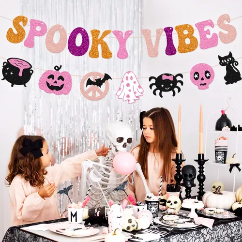 Miniatura 6 de Pancarta de Halloween espeluznante decoración espeluznante hippie guirnalda de Halloween groovy retro fantasma murciélagos araña, gatos, calavera