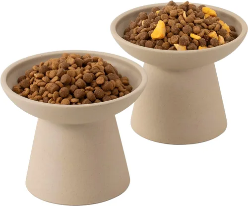 Miniatura 10 de CEEFU 2 cuencos elevados de cerámica para gatos extra anchos para alimentos y agua, plato de comida poco profunda, sin plomo ni cadmio, altura Verde