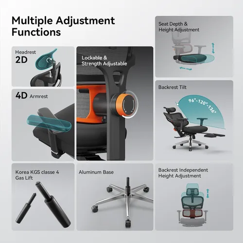 Miniatura 6 de Newtral Silla ergonómica de oficina con soporte lumbar completamente adaptable, función de inclinación de 136°, silla de escritorio para computadora