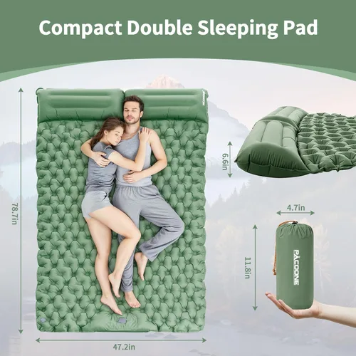 Miniatura 5 de Colchoneta de dormir doble para acampar, ultraligera autoinflable para 2 personas con almohada incorporada, alfombrilla de aire portátil para Verde