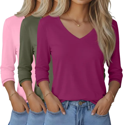 Miniatura 42 de Ficerd Paquete de 3 camisetas de manga 3/4 para mujer, cuello en V, blusas holgadas, blusas casuales, ropa de moda 2026