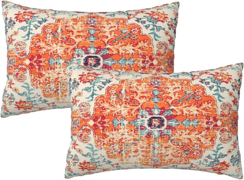 Miniatura 27 de Juego de 2 fundas de almohada bohemias de 20 x 20 pulgadas, fundas de cojín con patrón de alfombra, color amarillo mostaza y azul, diseño étnico