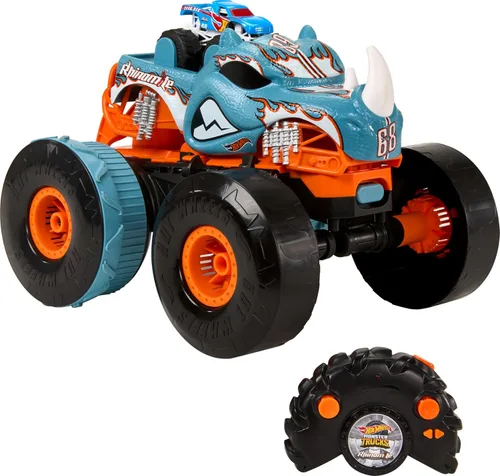 Miniatura 7 de Hot Wheels RC Monster Trucks HW Demo Derby en escala 1:15, camión de juguete con control remoto con neumáticos de acción de terreno