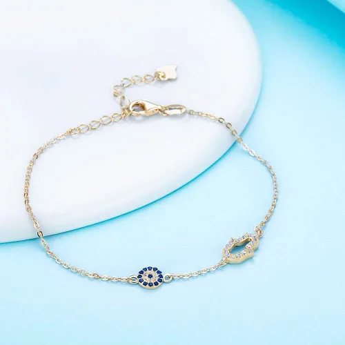Miniatura 3 de Hamsa Hand of Fatima Evil Eye Bracelet Sterling Silver 925 Blue Cubic Zirconia Chain Adjustable 6.5"+1.5