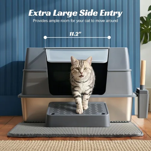 Miniatura 2 de Caja de arena cerrada de acero inoxidable con tapa, caja de arena de metal extra grande para gatos grandes, caja de arena extraíble para gatos
