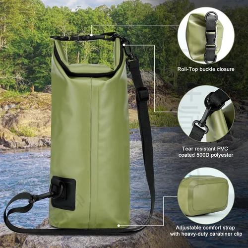 Miniatura 5 de Bolsa seca impermeable de 2 litros, funda enrollable para teléfono de playa, bolsa seca ligera para natación, kayak, campamento, pesca, viajes, Verde