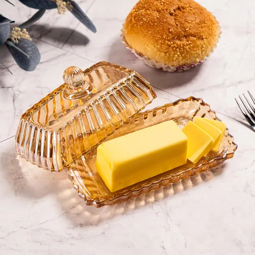 Miniatura 2 de Mantequera de Vidrio en Color Champán con Tapa, Bandeja Cubierta para Mantequilla en Barra, Envase de Almacenamiento de Mantequilla de Cristal