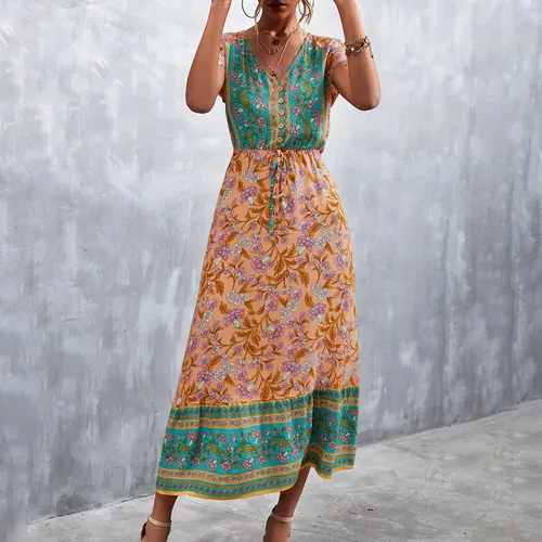 Miniatura 5 de Vestido largo casual de playa para mujer con cuello en V manga corta estilo floral
