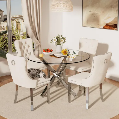 Juego de mesa de comedor redonda de cristal moderno de mediados de siglo para 4, juego de vajilla circular de lujo plateado de 5 piezas, juego de