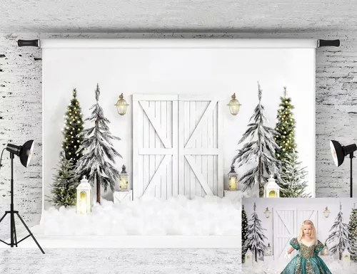 Miniatura 8 de Kate Telón de fondo de fotos de casa de campo de Navidad, fondo de puerta rosa, nieve blanca, árboles de Navidad, fondo de fotos, accesorios de 5